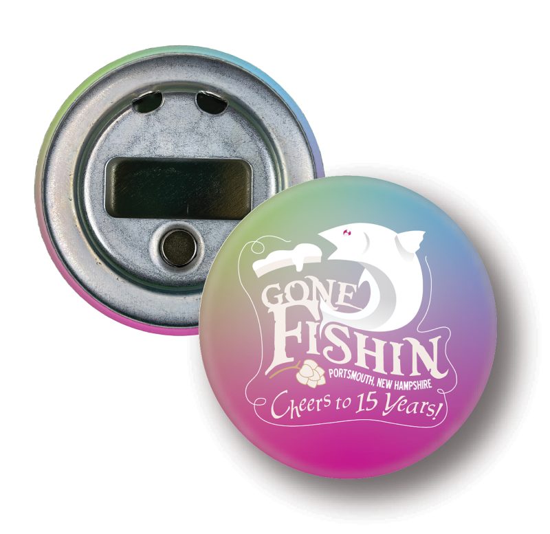 2.25" Round Celluloid Button Bottle Opener w/Magnet