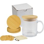 Glass Mug & Bamboo Coaster Gift Set in White Box - 1