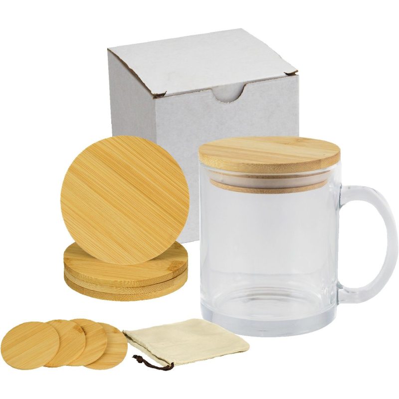 Glass Mug & Bamboo Coaster Gift Set in White Box - 1