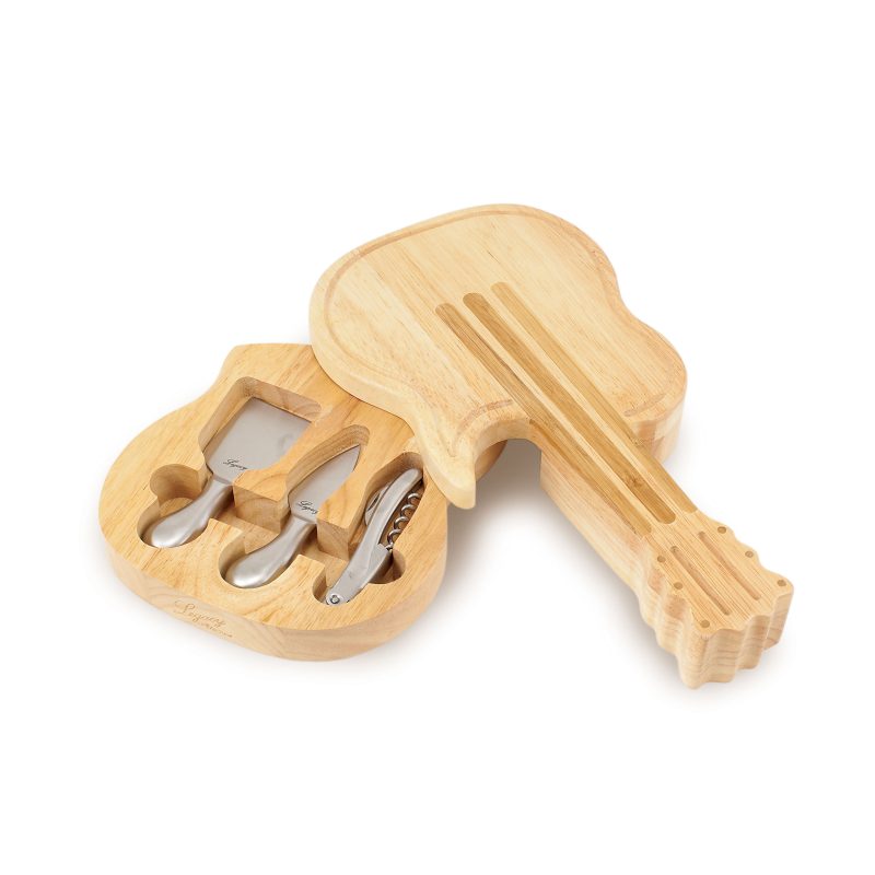 Guitar Shaped Cutting & Cheese Board w/ 3 Wine & Cheese Tools - 9