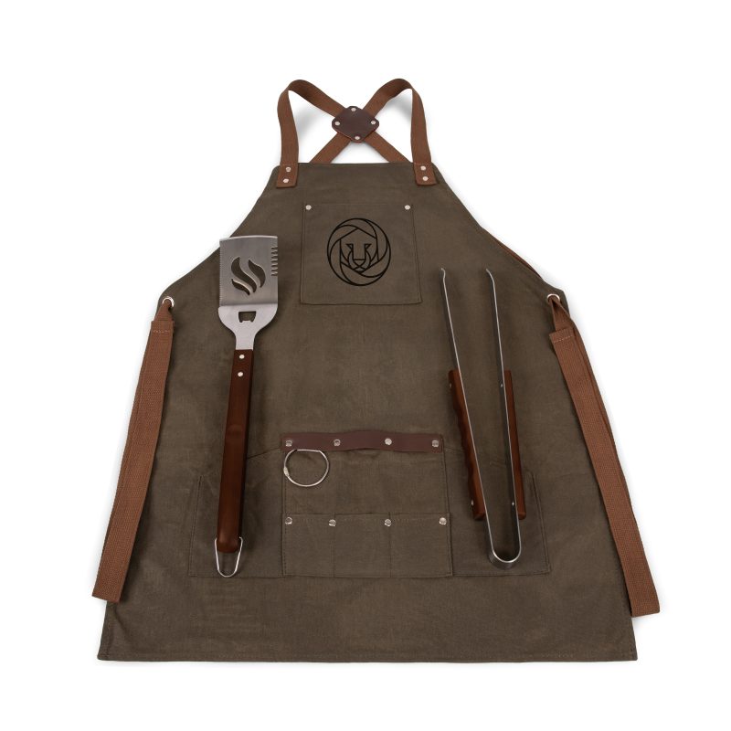 Waxed Canvas BBQ Grill Apron with tools and bottle opener